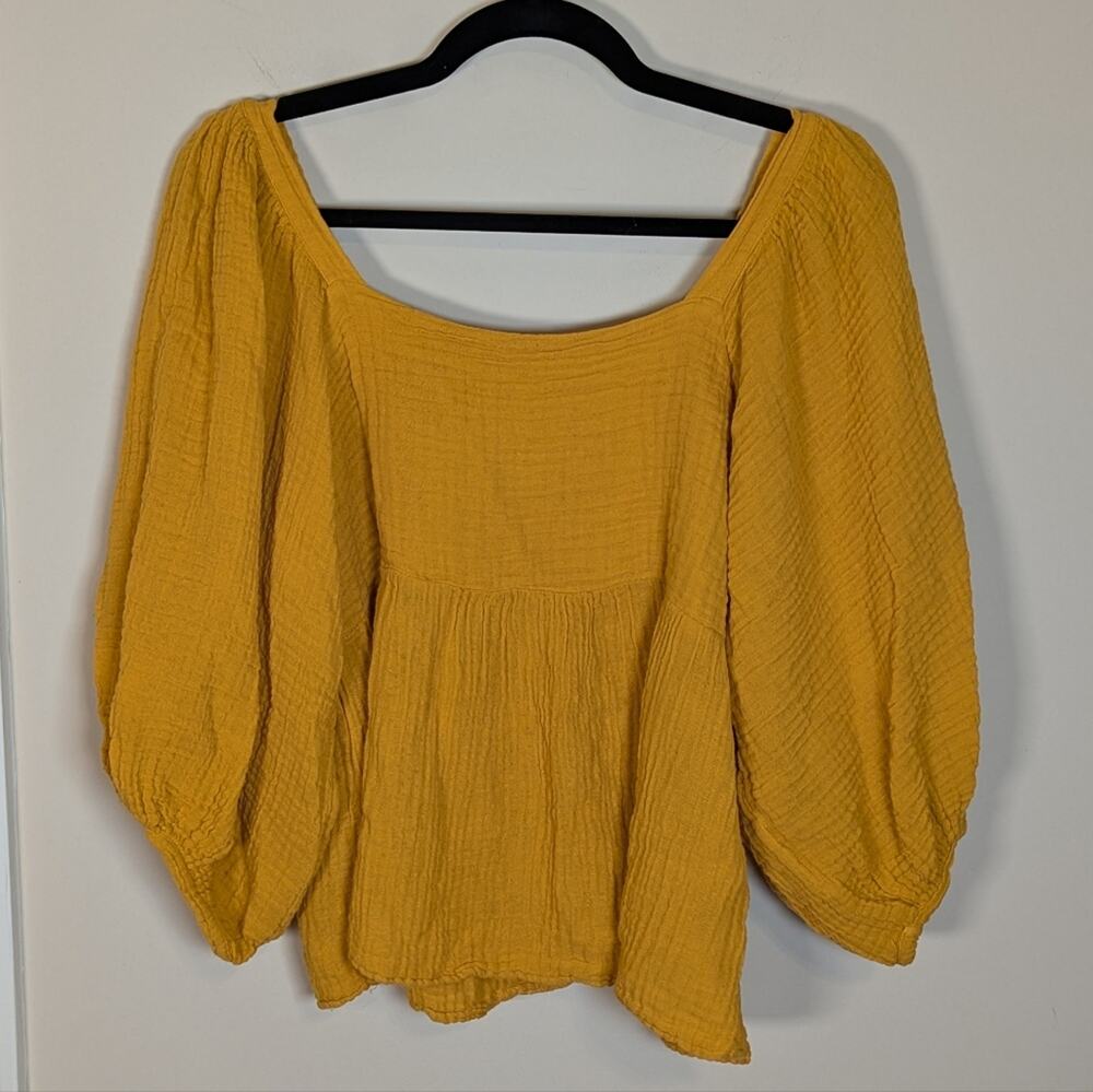 Michael Stars Mustard Yellow Gauze Cotton Bubble Sleeve Square Neck Blouse Top